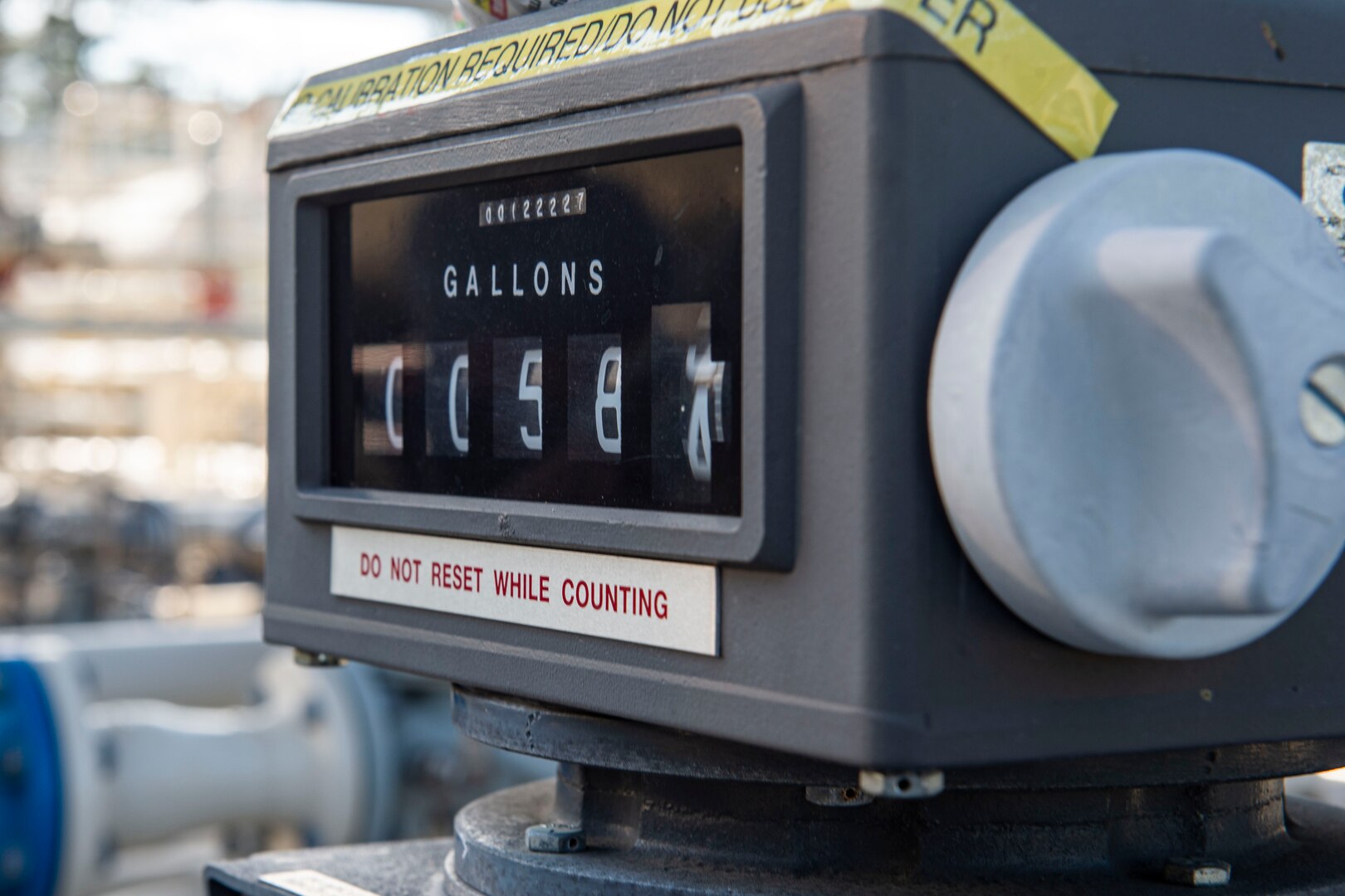 A meter reads the quantity of fuel service tanks receive Nov. 6, 2019, at Moody Air Force Base, Ga. The 23d LRS fuels facilities is responsible for maintaining facilities, product purity, storage and accountability. Fuels facilities Airmen maintain the base service station by performing routine checks on the operating valves, fuel tanks and service station parts. (U.S. Air Force photo by Airman Azaria E. Foster)