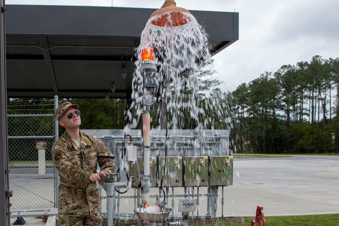 Staff Sgt. Bryan White, 23d Logistics Readiness Squadron (LRS) fuels facilities NCO in charge, checks the emergency eye wash station Oct. 30, 2019, at Moody Air Force Base, Ga. The 23d LRS fuels facilities is responsible for maintaining facilities, product purity, storage and accountability. Fuels facilities Airmen maintain the base service station by performing routine checks on the operating valves, fuel tanks and service station parts. (U.S. Air Force photo by Airman Azaria E. Foster)