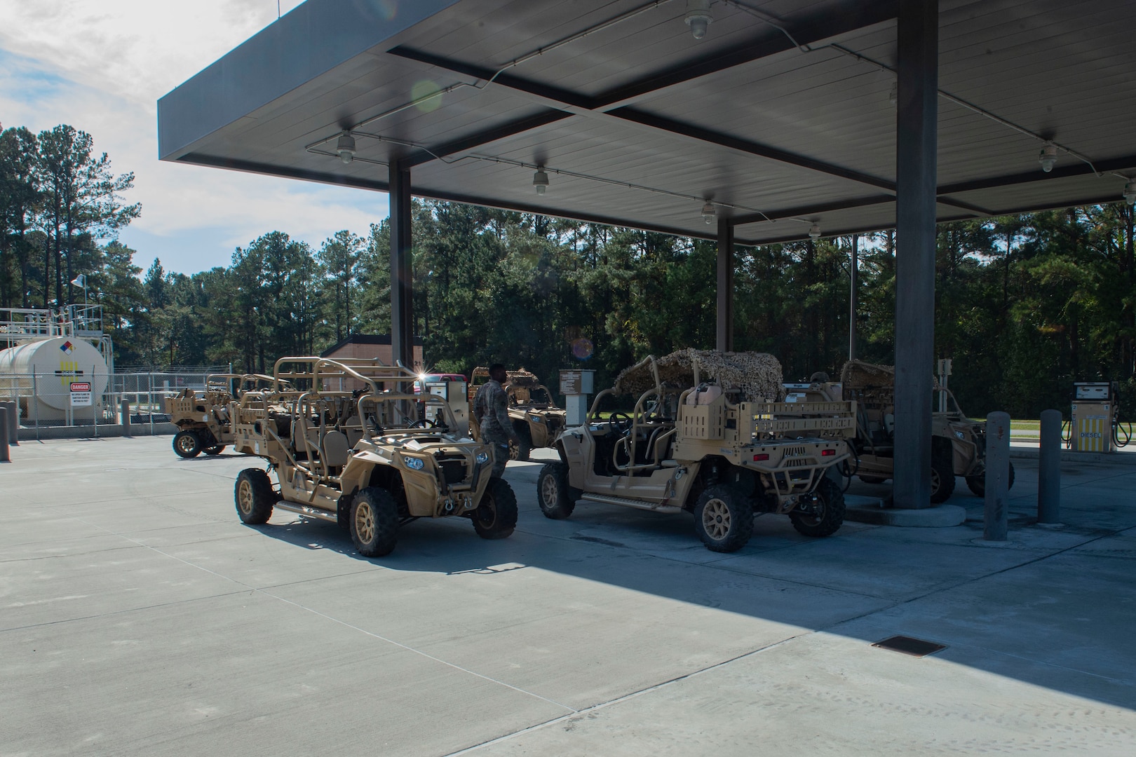 Airmen use the base service station to refuel government owned vehicles Nov. 6, 2019, at Moody Air Force Base, Ga. The 23d LRS fuels facilities is responsible for maintaining facilities, product purity, storage and accountability. Fuels facilities Airmen maintain the base service station by performing routine checks on the operating valves, fuel tanks and service station parts. (U.S. Air Force photo by Airman Azaria E. Foster)