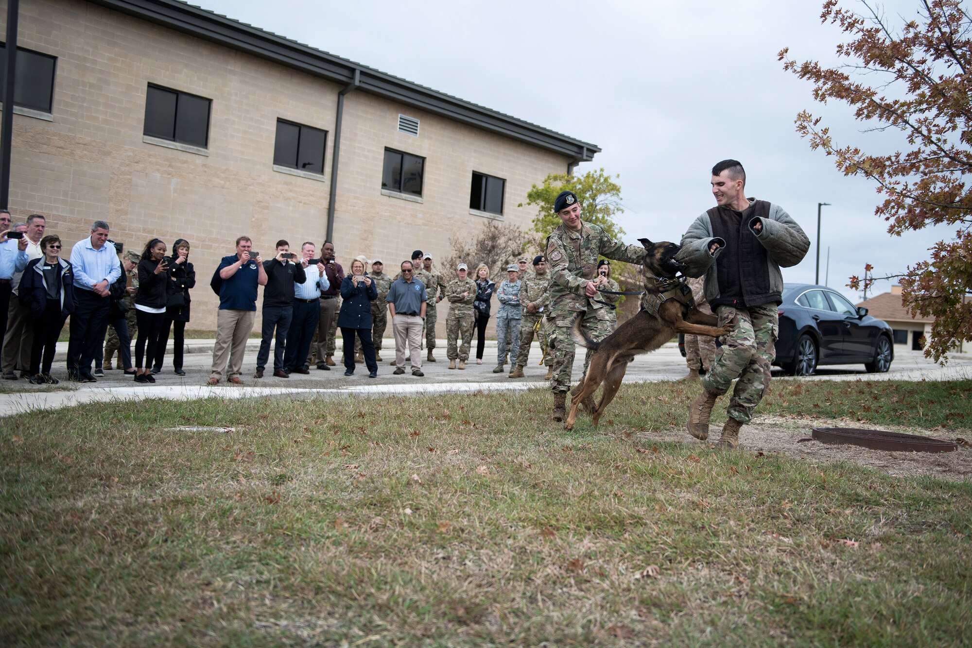 Civic leaders watch a K9 demonstration Nov. 7, 2019, at Joint Base San Antonio-Medina Annex, Texas. During the visit, civic leaders toured missions of 37th Training Wing, 12th Flying Training Wing, 502nd Air Base Wing and Air Force Recruiting Service, all at JBSA locations. The Air Force Civic Leader Program is an Air Staff-level program comprising major command-selected community leaders from a wide variety of industries and sectors, including banking and economic development, construction, manufacturing, education, healthcare, science and technology. The program helps community leaders understand and advocate for the Air Force’s diverse missions.