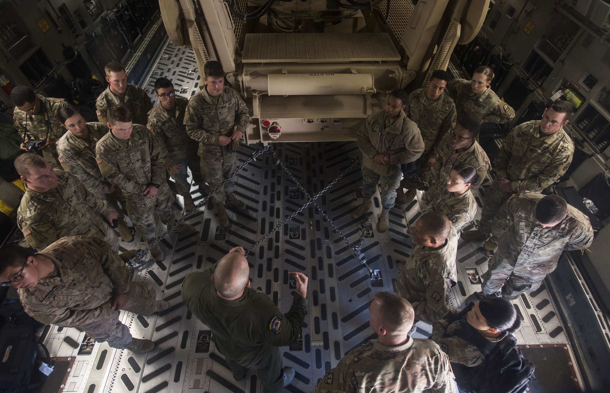 U.S. Air Force Staff Sgt. Michael Dunlap, 6th Airlift Squadron evaluator loadmaster assigned to Joint Base McGuire-Dix-Lakehurst, New Jersey, gives a post-brief to Soldiers in the 3rd Battalion, 2nd Air Defense Artillery Regiment assigned to Fort Sill, Oklahoma during a joint training exercise on Fort Sill Nov. 5, 2019. The air-ground exercise provided the Army global capability to deliver equipment to the right place in a faster and smarter fashion while educating the Air force on how to operate in a low-level tactical environment. (U.S. Air Force photo by Airman 1st Class Ariel Owings)