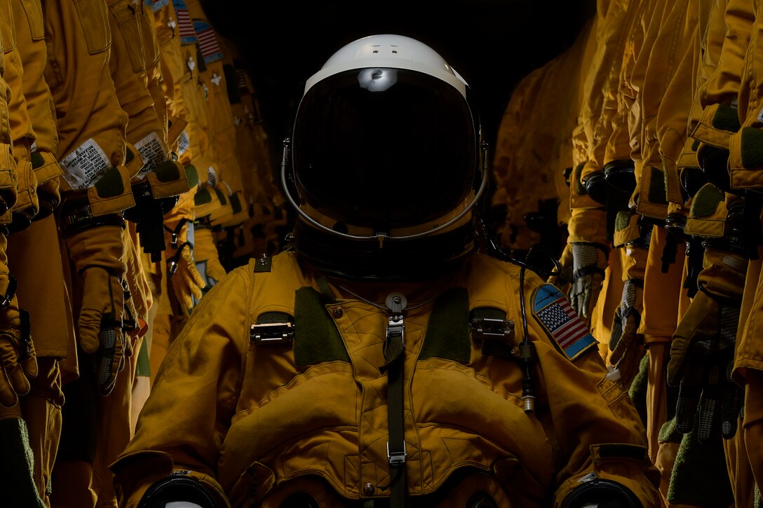 A U-2 Dragon Lady pilot poses for a portrait inside a pressure suit at Beale Air Force Base, California, October 31, 2019. Pilots who are flying into the rim of the atmosphere require a specialized and custom suit to their measurements keeping them at a normal altitude while going to extreme elevations. (U.S. Air Force photo by Tech. Sgt. Alexandre Montes)