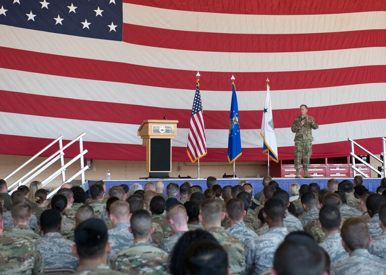 Air Force Chief of Staff Gen. David L. Goldfein provide remarks during an Airmen all call at Luke Air Force Base, Ariz., Nov. 8, 2019.