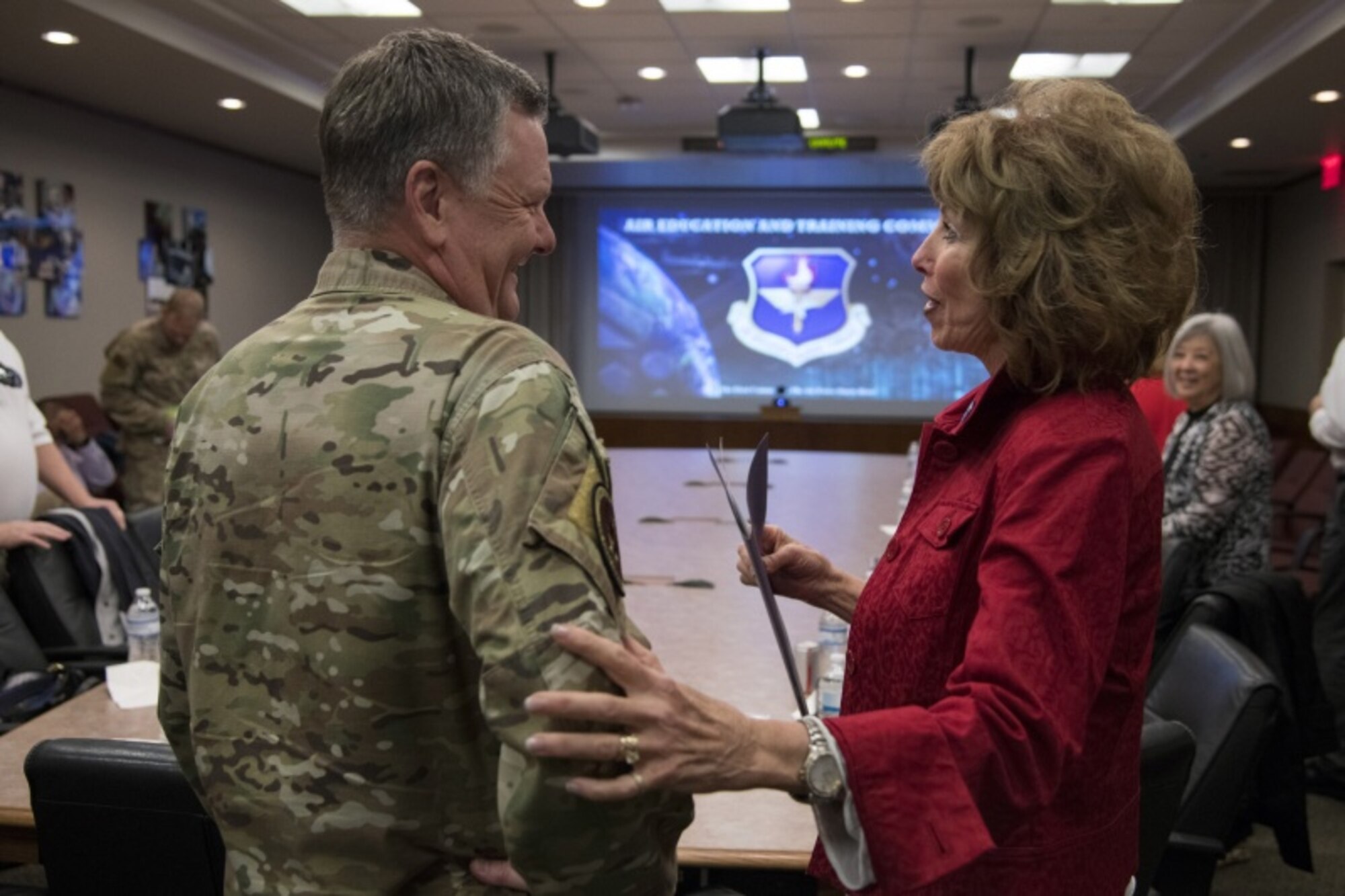 U.S. Air Force Lt. Gen. Brad Webb, commander of Air Education and Training Command, speaks with Vickie McCall, an Air Combat Command civic leader from Ogden, Utah, after his AETC mission brief Nov. 6, 2019. During the visit, civic leaders toured missions of 37th Training Wing, 12th Flying Training Wing, 502nd Air Base Wing and Air Force Recruiting Service, all at JBSA locations. The Air Force Civic Leader Program is an Air Staff-level program comprising major command-selected community leaders from a wide variety of industries and sectors, including banking and economic development, construction, manufacturing, education, healthcare, science and technology.