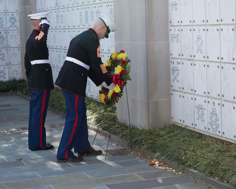 Sergeant Major of the Marine Corps Sgt. Maj. Troy E. Black lays a wreath in front of the niche of Sgt. Maj. Clinton A. Puckett during a private ceremony Nov. 8 at Arlington National Cemetery. Puckett, the sixth sergeant major of the Marine Corps, was one of three veterans who were remembered during the annual wreath-laying ceremony.