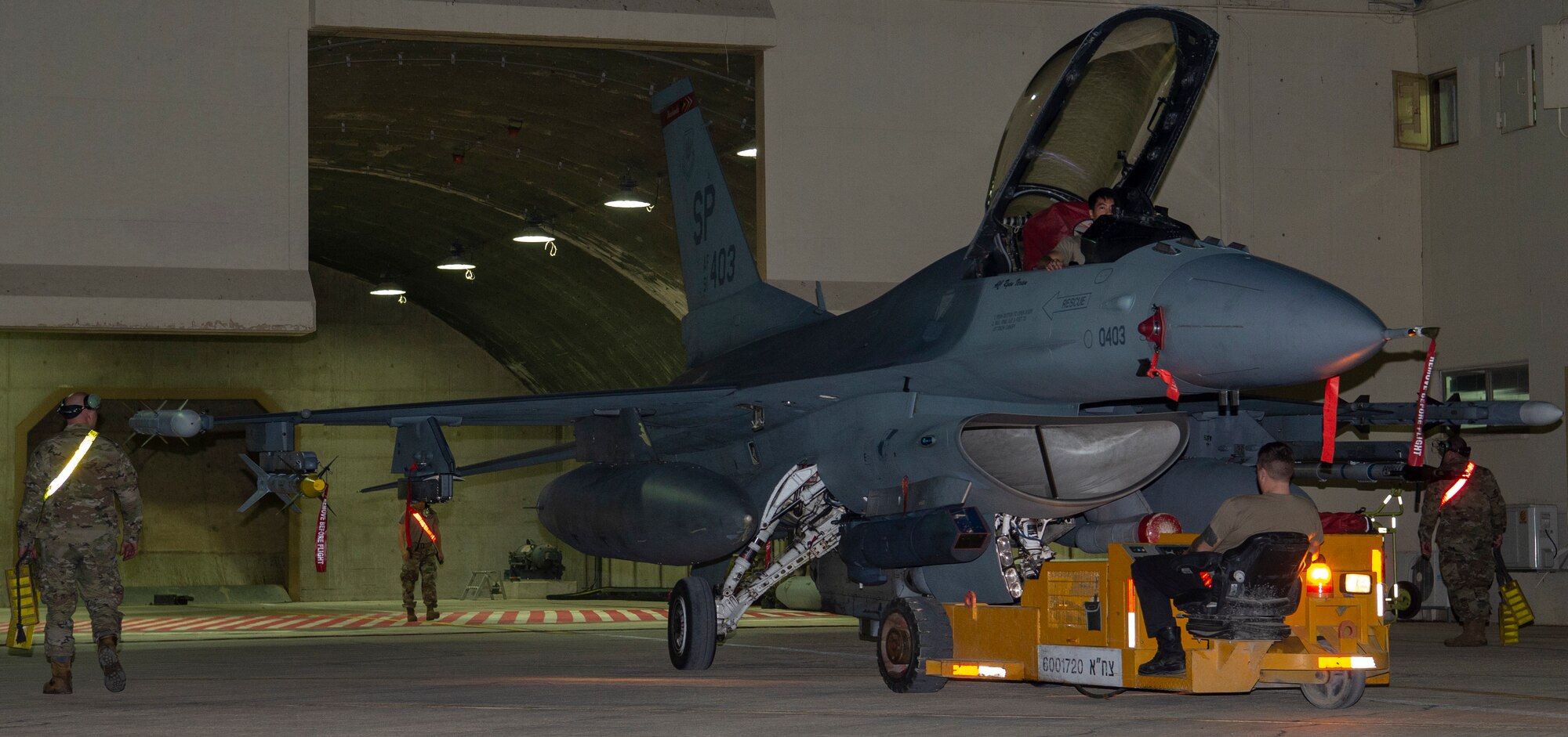 U.S. Air Force Airmen from the 52nd Aircraft Maintenance Squadron, park an F-16 Fighting Falcon inside a protective aircraft shelter during Blue Flag 2019 at Uvda Air Base, Israel, November 6, 2019.