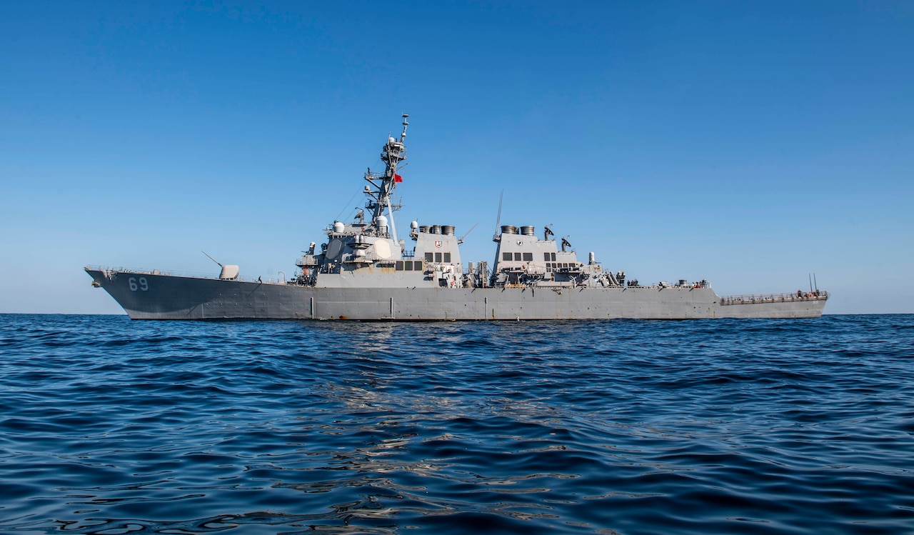 Arleigh Burke-class guided-missile destroyer sails in the sea.