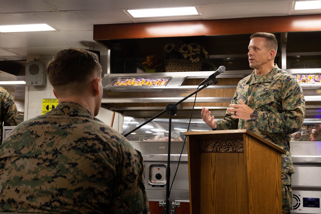 191110-M-EC058-1072 PACIFIC OCEAN (Nov. 10, 2019) U.S. Marine Corps Col. Fridrik Fridriksson, the commanding officer of the 11th Marine Expeditionary Unit (MEU), speaks to Marines and Sailors during a 244th Marine Corps birthday celebration aboard the amphibious assault ship USS Boxer (LHD 4). The Marines and Sailors of the 11th MEU are conducting routine operations as part of the Boxer Amphibious Ready Group in the eastern Pacific Ocean. (U.S. Marine Corps photo by Cpl. Dalton S. Swanbeck)
