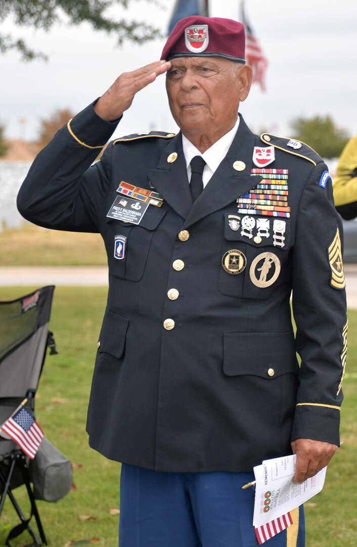 Retired Army Sgt. Maj. Fred F. "Baldo" Balderrama renders a salute during the Fort Sam Houston National Cemetery Veterans Day Ceremony Nov. 11. Balderrama is a fixture at ceremonies honoring the military.