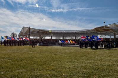 Participants and attendees of the Albuquerque Veterans Day ceremony wait for the ceremony to start at the New Mexico Veterans Memorial Nov. 11, 2019. The ceremony started off with a bell ringing 11 times on the 11th hour, a tradition celebrating the end of WWI, which ended on the eleventh day of the eleventh month in the year 1918. (U.S. Air Force photo by Airman 1st Class Austin J. Prisbrey)