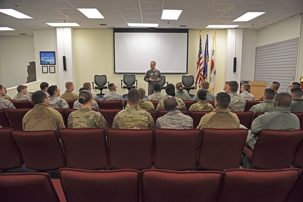 U.S. Air Force Lt. Gen. Ken Wilsbach, 7th Air Force commander, speaks with 8th Fighter Wing first-term Airmen during a base visit at Kunsan Air Base, Republic of Korea, Nov. 7, 2019. Wilsbach spoke with Airmen about quality of life, the future of the Air Force and the innovative nature of Airmen in today’s force. (U.S. Air Force photo by Staff Sgt. Mackenzie Mendez)