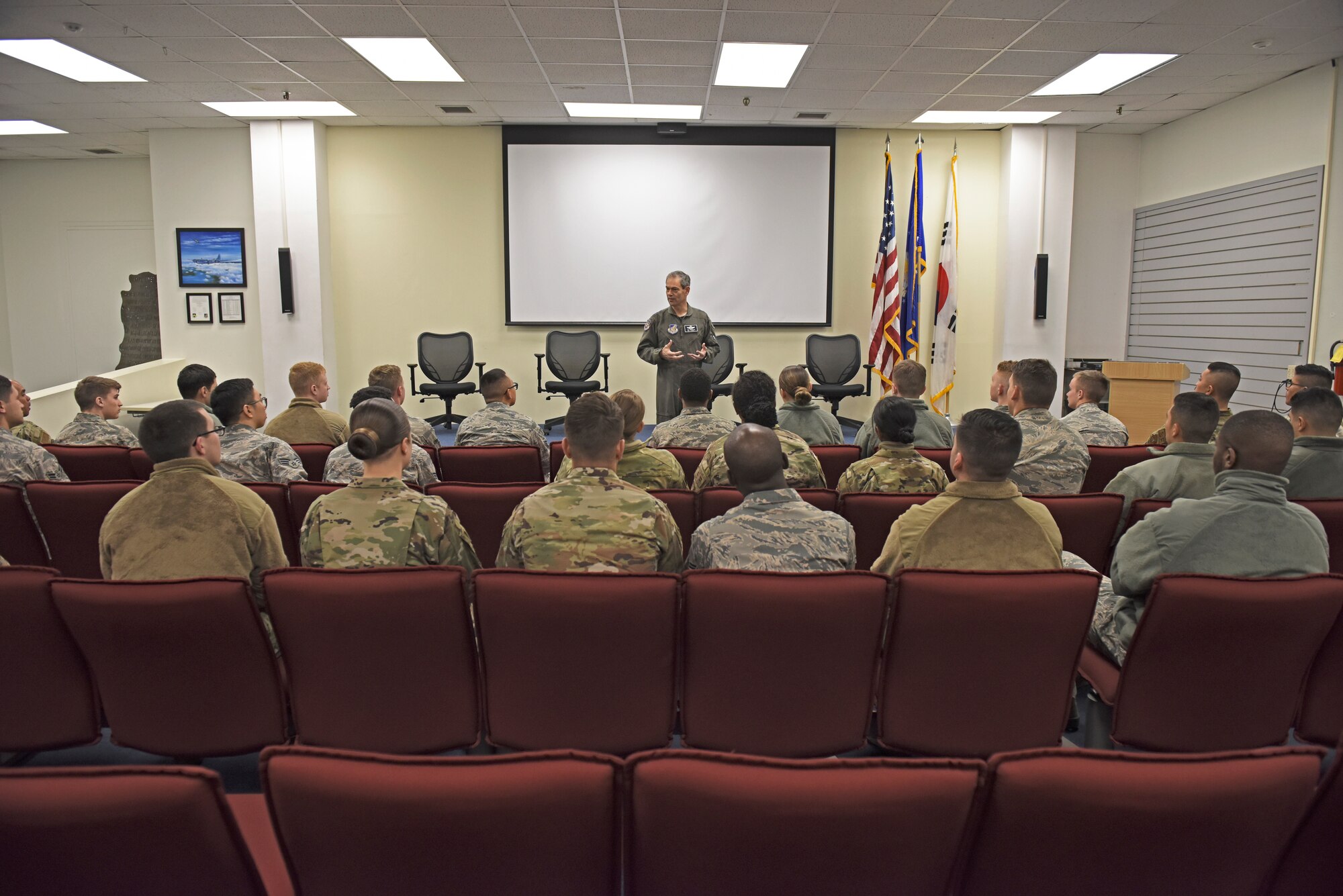 U.S. Air Force Lt. Gen. Ken Wilsbach, 7th Air Force commander, speaks with 8th Fighter Wing first-term Airmen during a base visit at Kunsan Air Base, Republic of Korea, Nov. 7, 2019. Wilsbach spoke with Airmen about quality of life, the future of the Air Force and the innovative nature of Airmen in today’s force. (U.S. Air Force photo by Staff Sgt. Mackenzie Mendez)