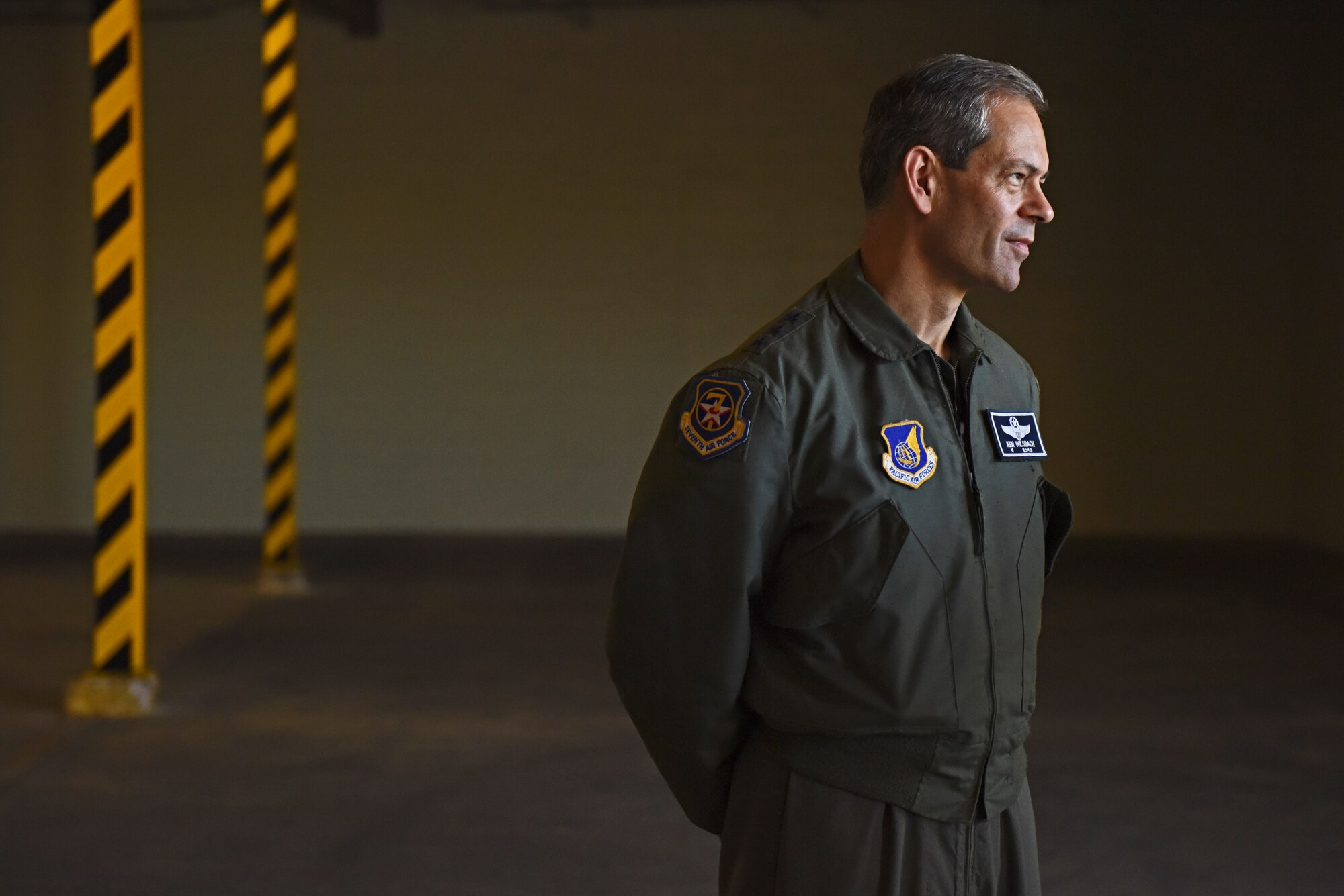 U.S. Air Force Lt. Gen. Ken Wilsbach, 7th Air Force commander, participates in a tour of the 8th Maintenance Squadron munitions storage area during a visit to Kunsan Air Base, Republic of Korea, Nov. 7, 2019. Wilsbach visited the 8th Fighter Wing for an in-depth look at the innovative ways Wolf Pack Airmen are impacting the Pacific theater. (U.S. Air Force photo by Staff Sgt. Mackenzie Mendez)
