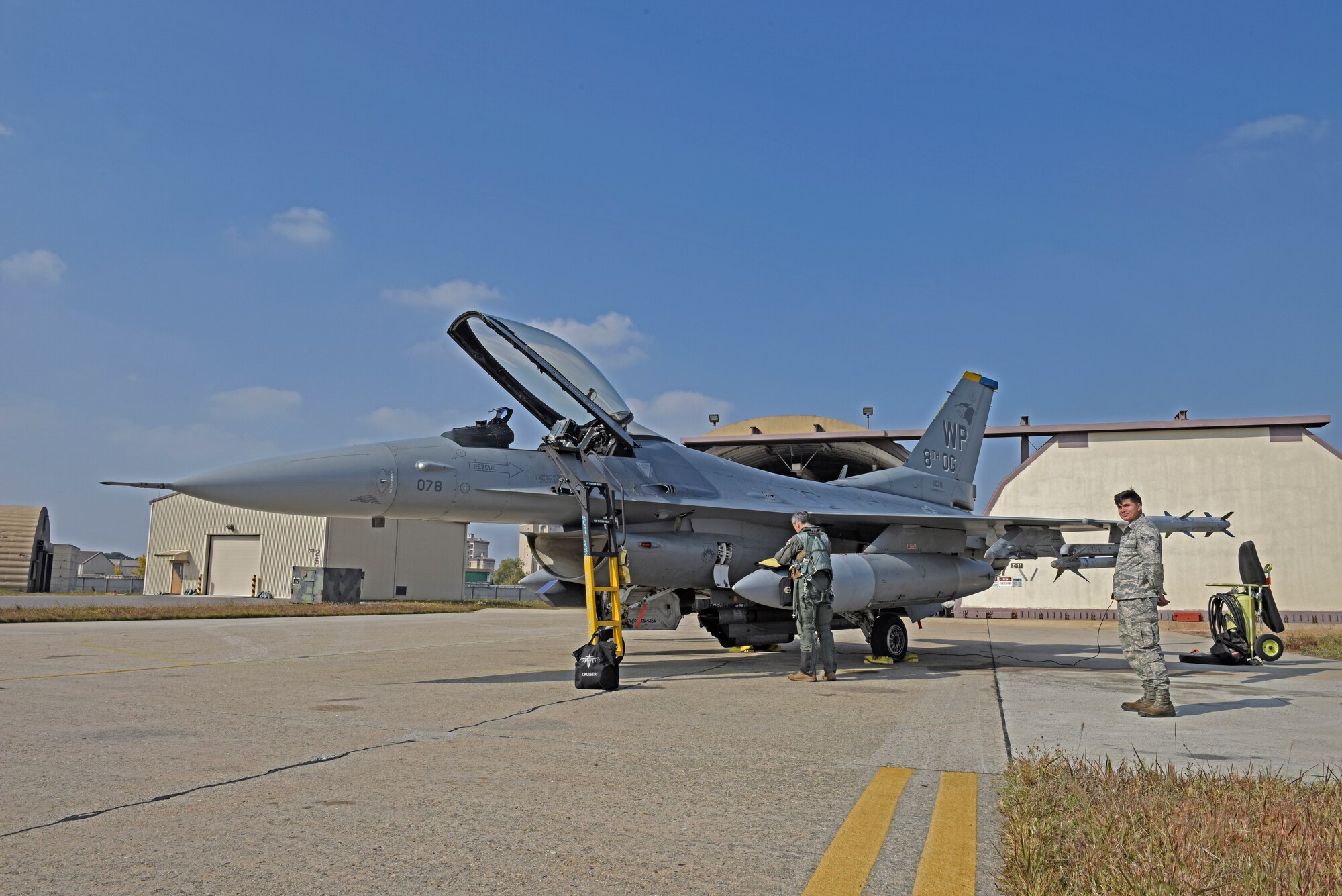 U.S. Air Force Lt. Gen. Ken Wilsbach, 7th Air Force commander, conducts a preflight inspection prior to a routine training flight at Kunsan Air Base, Republic of Korea, Nov. 7, 2019. Wilsbach visited the 8th Fighter Wing for an in-depth look at the innovative ways Wolf Pack Airmen are impacting the Pacific theater. (U.S. Air Force photo by Staff Sgt. Mackenzie Mendez)