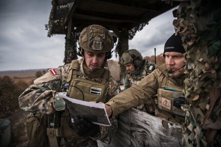 Joint Terminal Attack Controllers from the Latvian National Armed Forces conduct close air support training with U.S. Air Force A-10 Thunderbolt II aircraft assigned to the 107th Fighter Squadron, Selfridge Air National Guard Base, Mich., at Grayling Aerial Gunnery Range in Waters, Mich., Oct. 29, 2019. Michigan and Latvia have been linked under the National Guard Bureau's State Partnership Program since 1993.