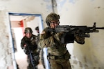 U.S. Army Spc. Jerrad Nicholson, a Campbellsburg, Ind., Soldier assigned to the 1st Squadron, 152nd Cavalry Regiment, 76th Infantry Brigade Combat Team, 38th Infantry Division, Indiana Army National Guard, leads Soldiers in a drill at Lešt military training center, Slovakia, Nov. 10, 2019. Indiana National Guard Soldiers deployed to Slovakia for Slovak Shield 2019, a war-fighting exercise with six NATO countries.