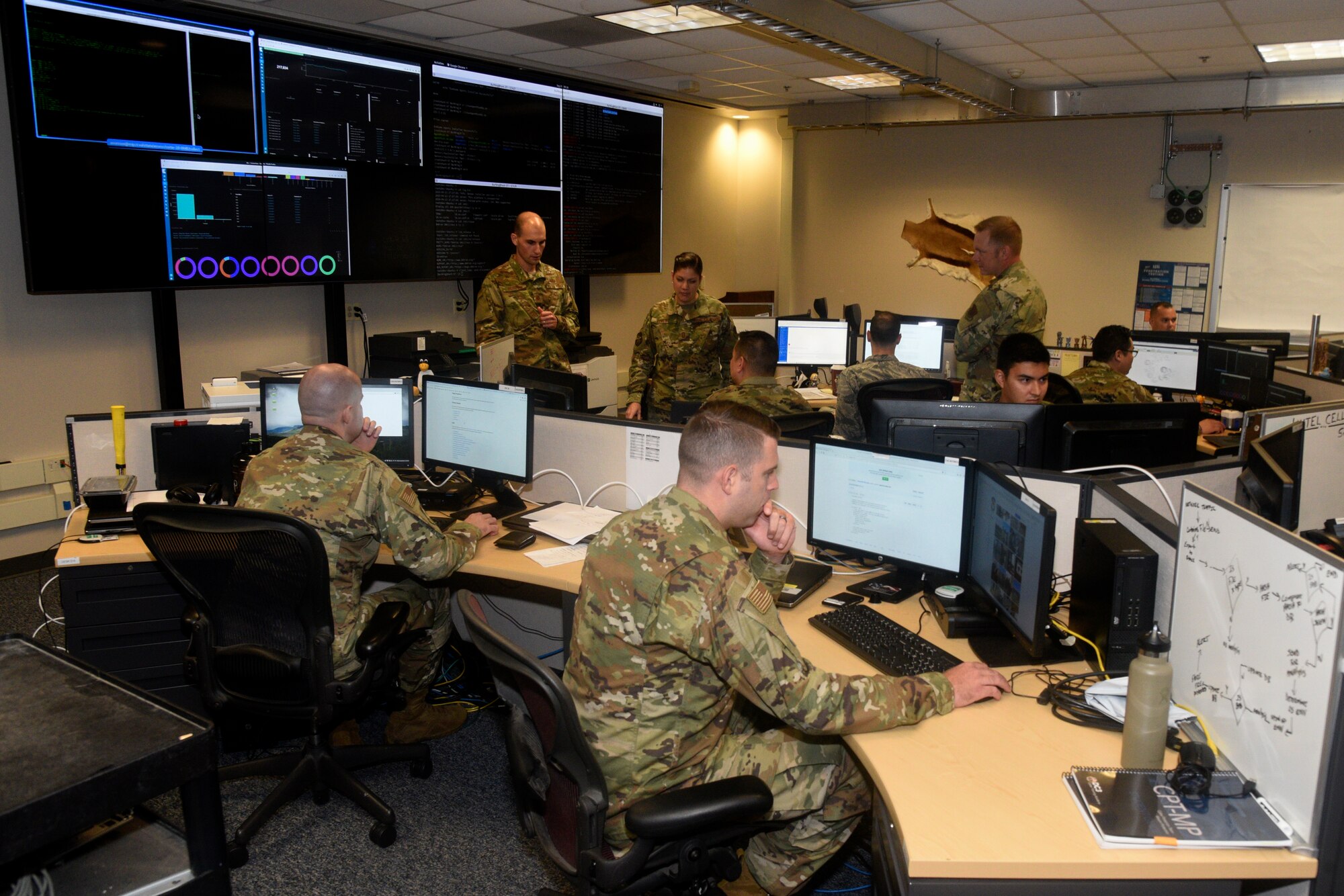 Members of the 175th Cyberspace Operations Group participate as a Service Aligned Cyber Protection Team at a 3000-level certification event, Sept. 20, 2019, at Martin State Airport, Middle River, Md. The event, Green Dragon, was the first time a Cyber Protection Team organically hosted this type of event at a home station. (U.S. Air National Guard photo by Staff Sgt. Enjoli Saunders)