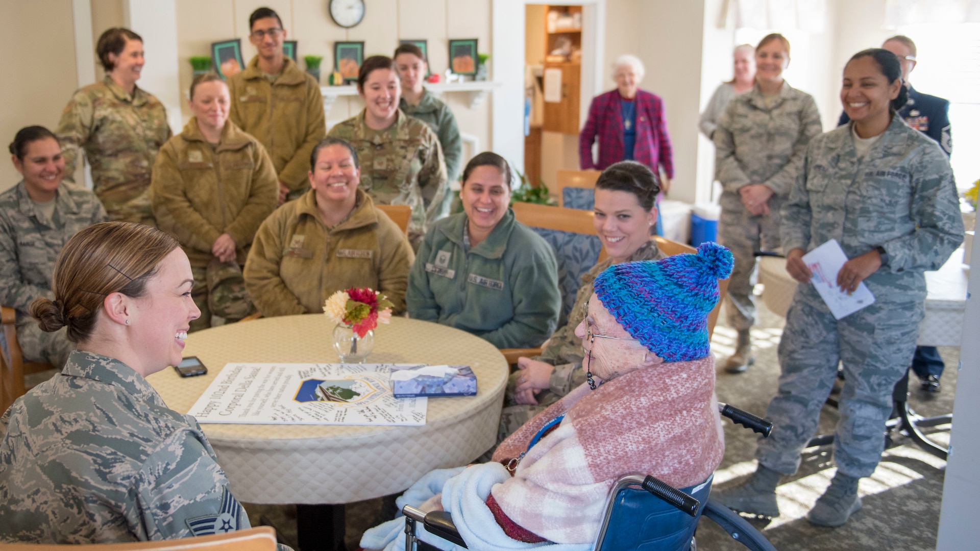 Airmen from the Massachusetts Air National Guard’s 102nd Intelligence Wing wish fellow Airman, U.S. Army Air Corps veteran Della Sassa a happy 102nd birthday at the Royal Cape Cod Nursing and Rehabilitation Center in Buzzards Bay, Mass., Nov. 8, 2019.
