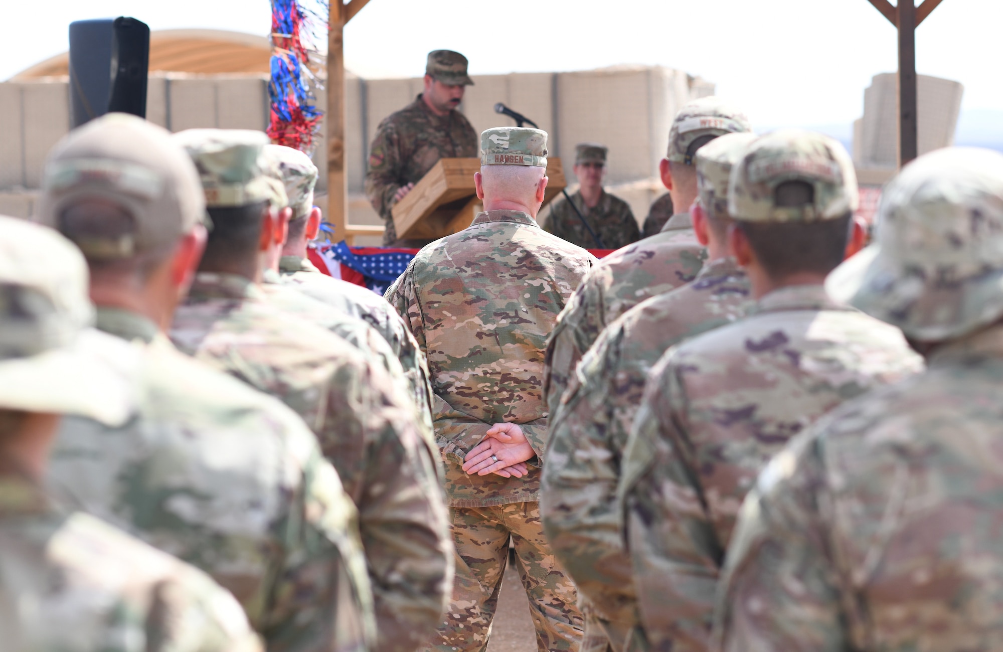 U.S. Airmen deployed to the 776th Expeditionary Air Base Squadron stand in formation during the first Veteran’s Day Ceremony held at Chabelley Airfield, Djibouti, Nov. 11, 2019. The 776th EABS Airmen held the inaugural ceremony to honor the service members that preceded them, especially the prior service contractors who work on the installation. (U.S. Air Force photo by Staff Sgt. Alex Fox Echols III)