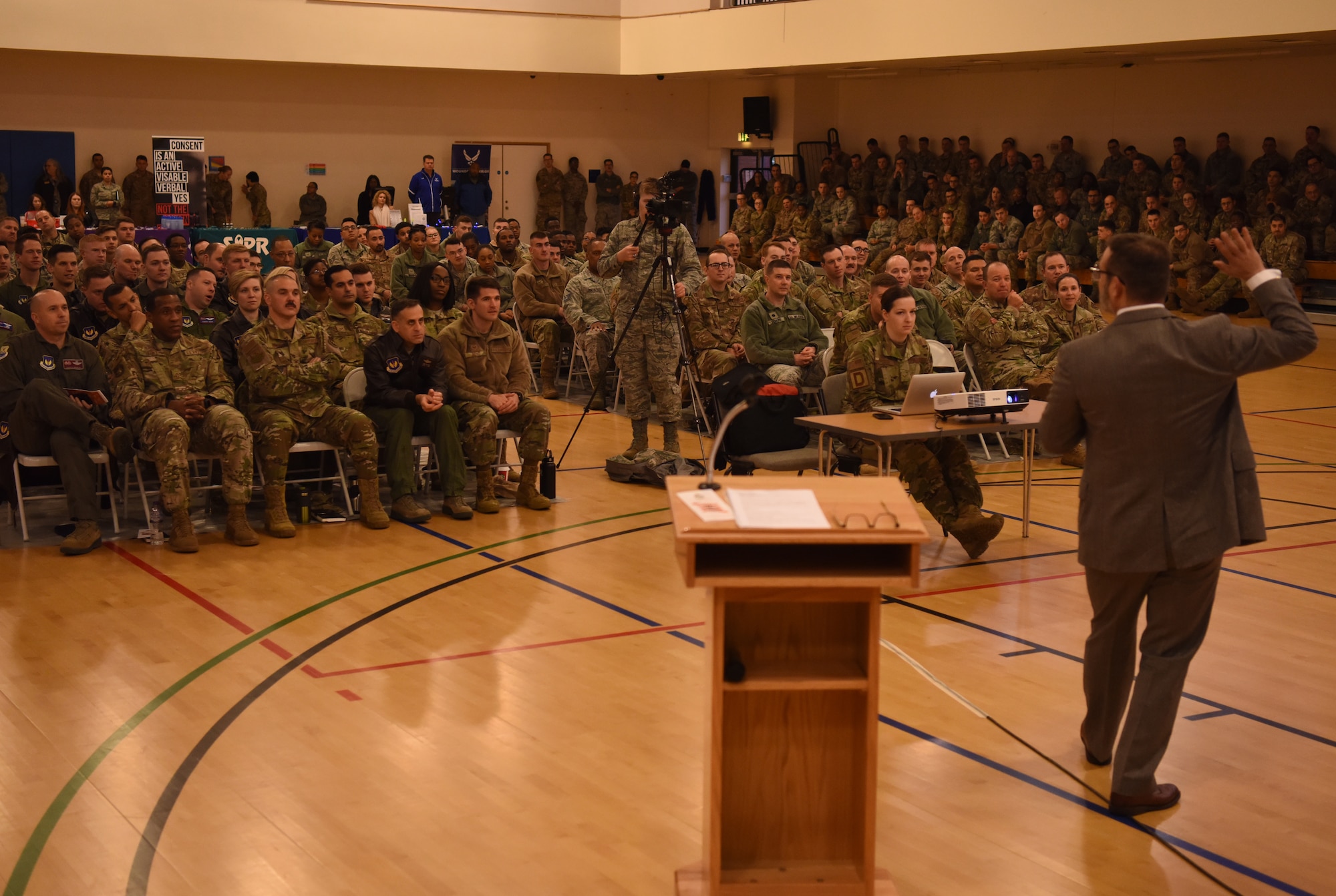 Josh Hudson, 48th Fighter Wing violence prevention integrator, speaks during a Resilience Tactical Pause at RAF Mildenhall, England, Nov. 7, 2019. The 100th Air Refueling Wing hosted a second RTP Nov. 7 - 8 which included two guest speakers, an overview of base helping agencies and various small unit discussions. (U.S. Air Force photo by Senior Airman Brandon Esau)