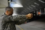 Air Force Lieutenant Colonel Eric Erickson, 177th Medical Group commander, fires an M9 pistol during weapons qualification training at the Transportation Security Administration firing range in Egg Harbor Township, N.J., Nov. 5, 2019. Erickson, as well as the 177th Fighter Wing commander and group commanders, also took the security forces proficiency fire course to get a feel for what a base defender’s job entails.