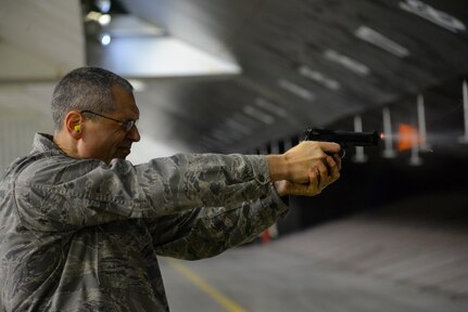 Air Force Lieutenant Colonel Eric Erickson, 177th Medical Group commander, fires an M9 pistol during weapons qualification training at the Transportation Security Administration firing range in Egg Harbor Township, N.J., Nov. 5, 2019. Erickson, as well as the 177th Fighter Wing commander and group commanders, also took the security forces proficiency fire course to get a feel for what a base defender’s job entails.