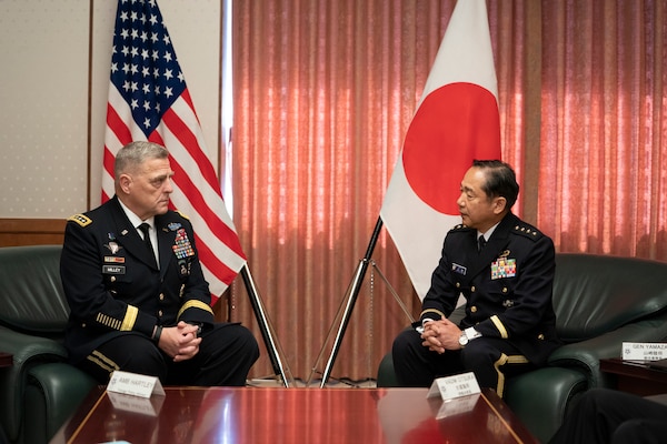 Army Gen. Mark A. Milley, chairman of the Joint Chiefs of Staff, meets with Japan Ground Self-Defense Force Gen. Kōji Yamazaki, Chief of Staff, Joint Staff, at the Japanese Ministry of Defense in Tokyo, Nov. 12, 2019.