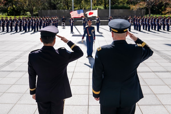 Army Gen. Mark A. Milley, chairman of the Joint Chiefs of Staff, and Japan Ground Self-Defense Force Gen. Kōji Yamazaki, Chief of Staff, Joint Staff, participate in an Honor Guard Ceremony at the Japanese Ministry of Defense in Tokyo, Nov. 12, 2019.