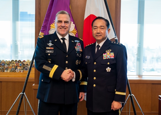 Army Gen. Mark A. Milley, chairman of the Joint Chiefs of Staff, poses for a photo with Japan Ground Self-Defense Force Gen. Kōji Yamazaki, Chief of Staff, Joint Staff, at the Japanese Ministry of Defense in Tokyo, Nov. 12, 2019.