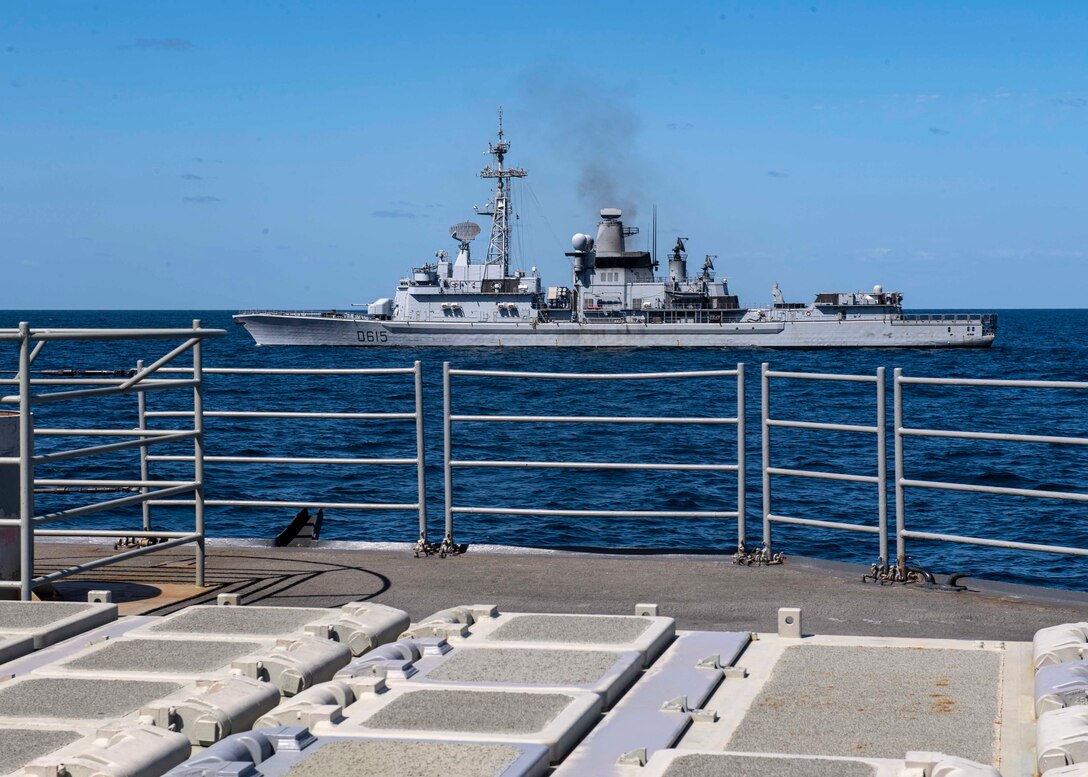 The French Navy ship Jean Bart transits alongside the guided-missile cruiser USS Normandy (CG 60) during International Maritime Exercise 2019 (IMX 19). The exercise is a multinational engagement involving partners and allies from around the world designed to facilitate the sharing of knowledge and experiences across the full spectrum of defensive maritime operations. IMX 19 serves to demonstrate the global resolve in maintaining regional security and stability, freedom of navigation and the free flow of commerce from the Suez Canal south to the Bab el-Mandeb Strait through the Strait of Hormuz to the Northern Arabian Gulf. (U.S. Navy photo by Mass Communication Specialist 2nd Class Michael H. Lehman)