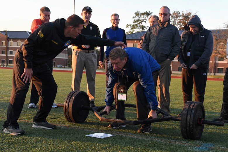 Dave Heller, a Joint Civilian Orientation Conference participant, attempts a deadlift during the Joint Civilian Orientation Conference at Joint Base Langley-Eustis, Virginia, Nov. 6, 2019.