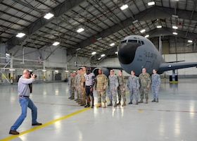 An Oklahoma State University video crew visits the 507th Air Refueling Wing and takes footage of their military appreciation uniform with and in a KC-135R Stratotanker Oct. 9, 2019, at Tinker Air Force Base, Oklahoma. (U.S. Air Force photo by Tech. Sgt. Samantha Mathison)