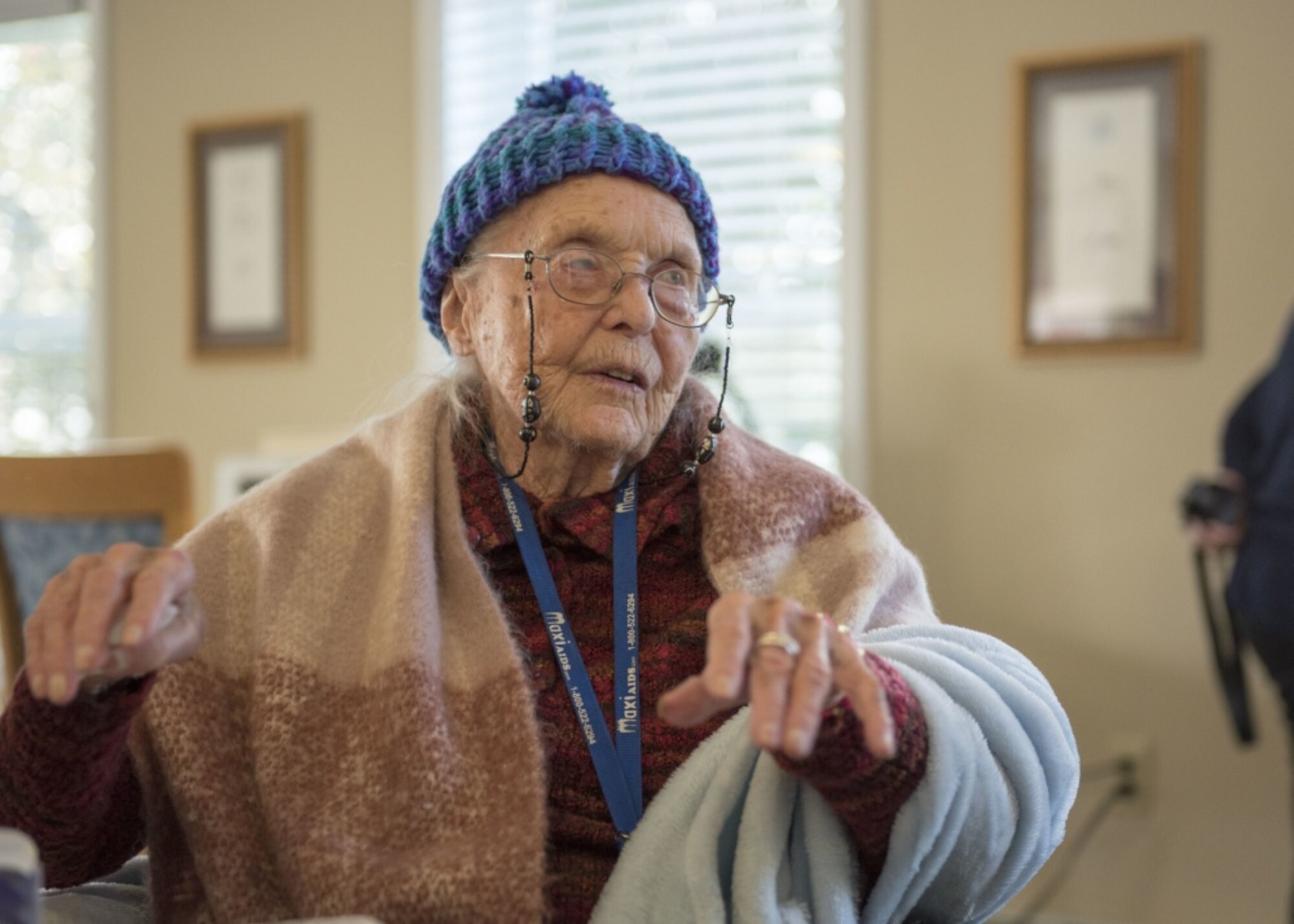 U.S. Air Force Airmen from the Massachusetts Air National Guard’s 102nd Intelligence Wing wish fellow Airman, U.S. Army Air Corps veteran Della Sassa a happy 102nd birthday at the Royal Cape Cod Nursing and Rehabilitation Center in Buzzards Bay Mass. on November 8, 2019. (U.S. Air National Guard photo by Tech. Sgt. Thomas Swanson)