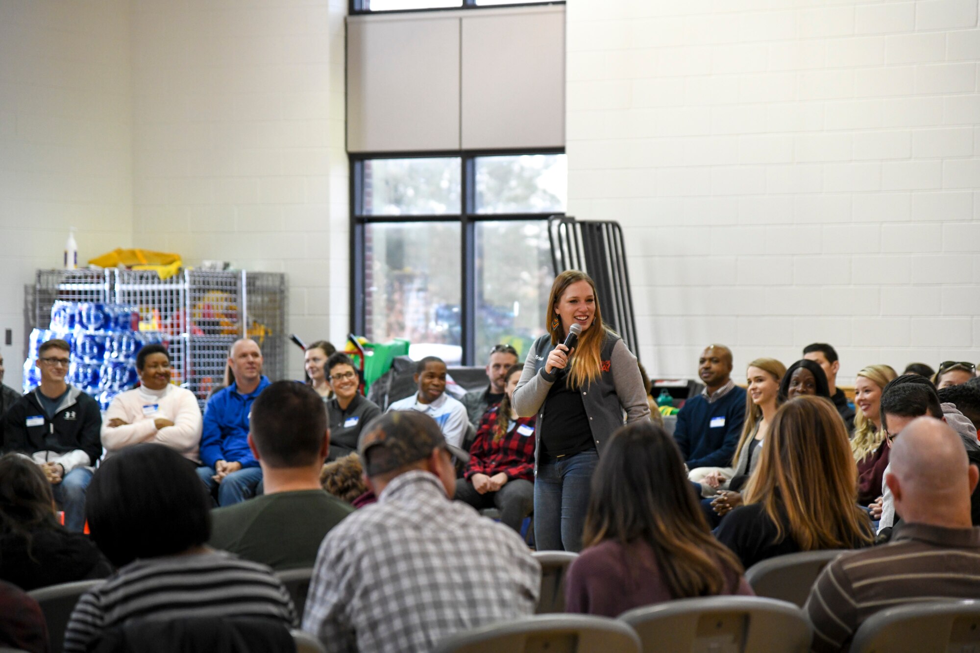 Facilitator Trish Bruno speaks about the importance of being open and authentically connecting with one another during a Challenge Day event Nov. 4, 2019 at Peterson Air Force Base, Colorado. Challenge Day helps people learn to recognize internal and external social and emotional issues and pressures. (U.S. Air Force Photo by Erica Blanton)
