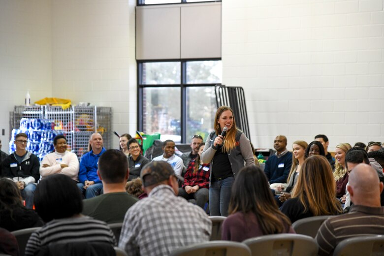 Facilitator Trish Bruno speaks about the importance of being open and authentically connecting with one another during a Challenge Day event Nov. 4, 2019 at Peterson Air Force Base, Colorado. Challenge Day helps people learn to recognize internal and external social and emotional issues and pressures. (U.S. Air Force Photo by Erica Blanton)
