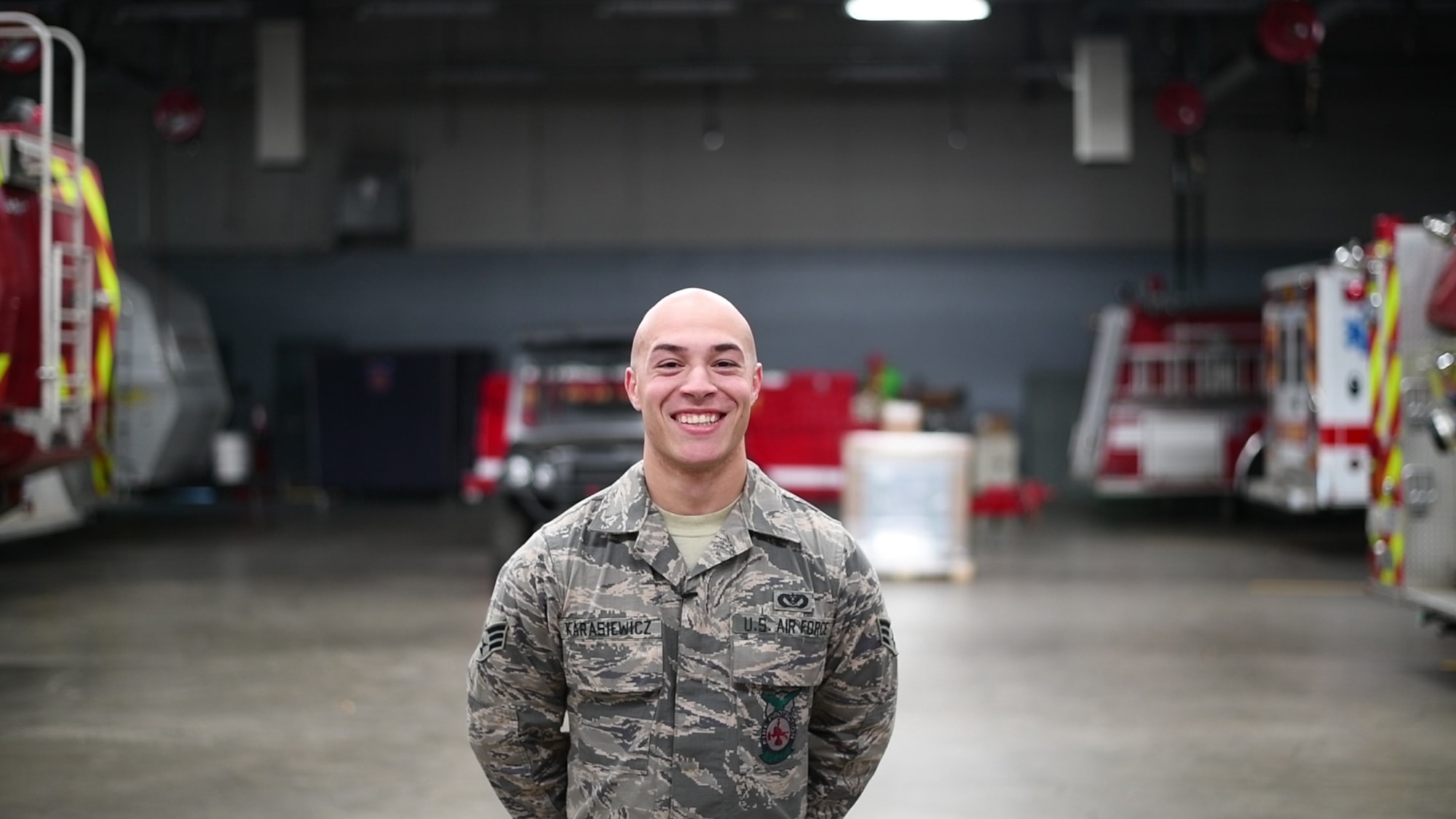 Senior Airman Paul Karasiewicz, 21st Civil Engineer Squadron fire department driver operator, gives an interview Oct. 19, 2019, at Peterson Air Force Base, Colorado. He says he joined the Air Force to support his children and grow into the father they need in order to give them a better life. (U.S. Air Force photo by Airman 1st Class Andrew Bertain)