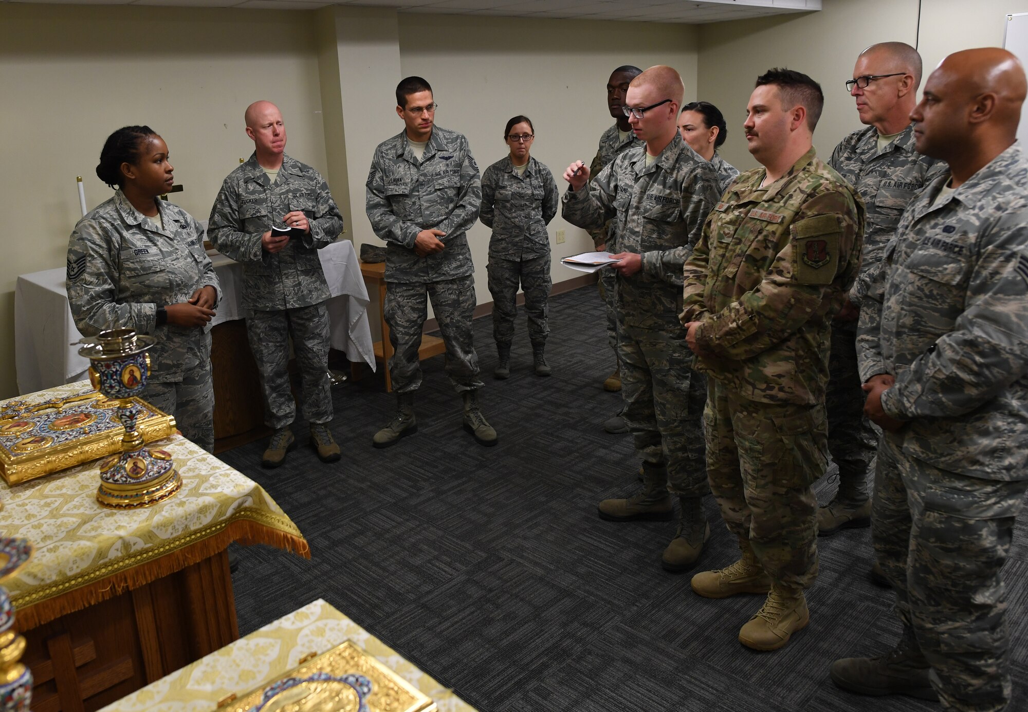 U.S. Air Force Airman Chase Williams, 335th Training Squadron student, asks Tech. Sgt. Keesha Green, 335th TRS religious affairs instructor, questions during the religious affairs course inside Allee Hall at Keesler Air Force Base, Mississippi, Oct. 17, 2019. The six-week-long technical training course has been relocated and revamped to improve the training of their enlisted Airmen. (U.S. Air Force photo by Kemberly Groue)