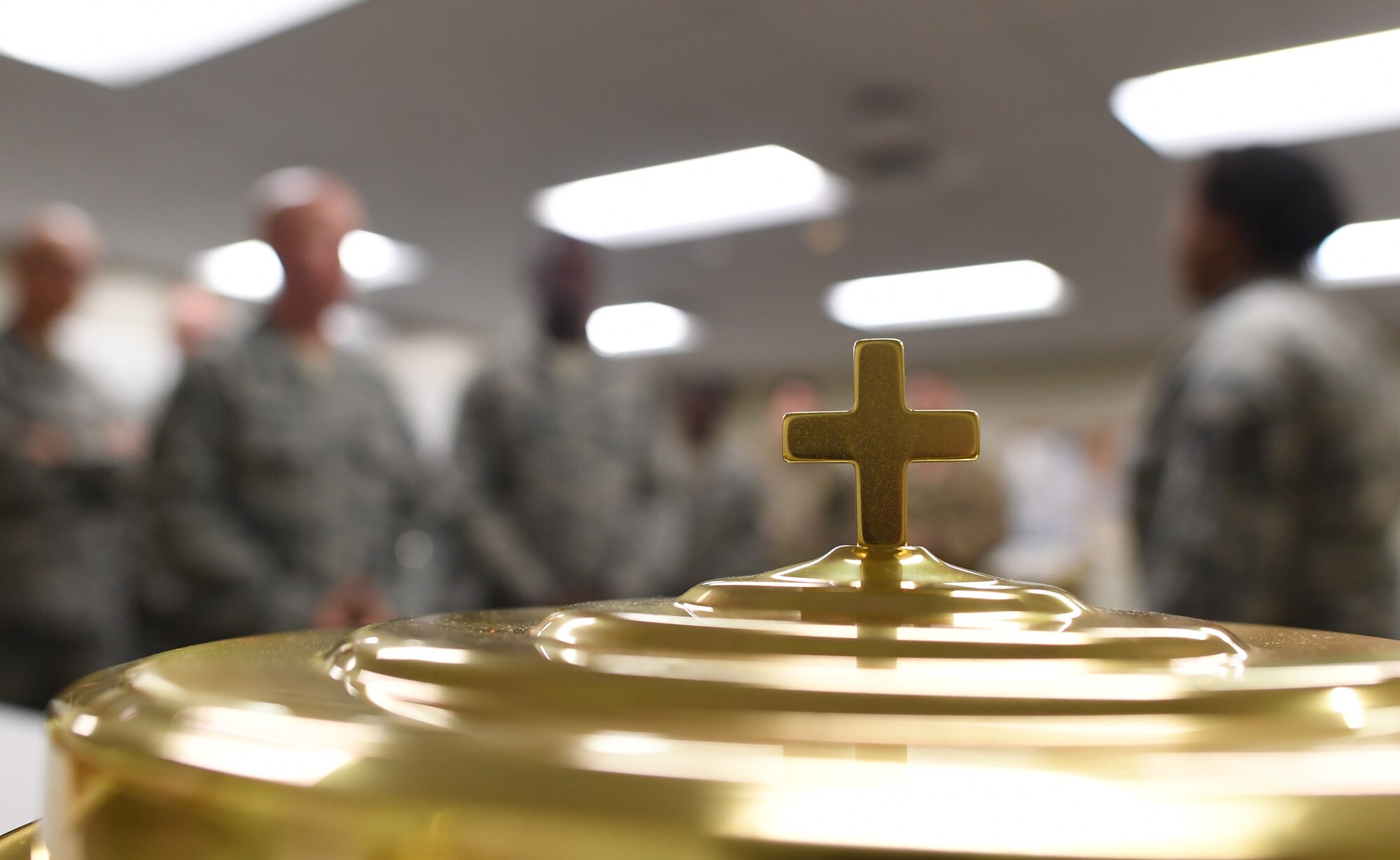 A protestant service communion tray is on display during the 335th Training Squadron religious affairs course inside Allee Hall at Keesler Air Force Base, Mississippi, Oct. 17, 2019. The six-week-long technical training course has been relocated and revamped to improve the training of their enlisted Airmen. (U.S. Air Force photo by Kemberly Groue)