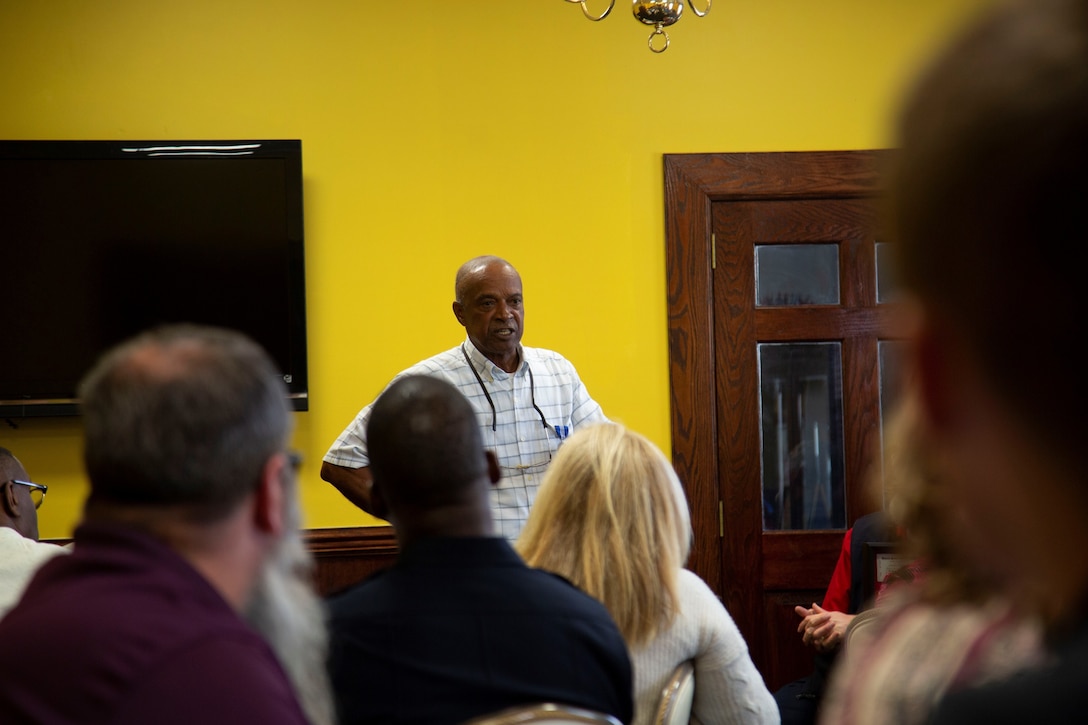 Earnest B. Freeman gives a speech during his retirement luncheon at the Paradise Point Officers Club on Marine Corps Base Camp Lejeune, Oct. 30, 2019. Freeman retired as the evidence custodian, Criminal Investigation Division, Provost Marshals Office, Marine Corps Installations East-MCB Camp Lejeune, with 45 years of combined active duty Marine Corps service and civilian service.