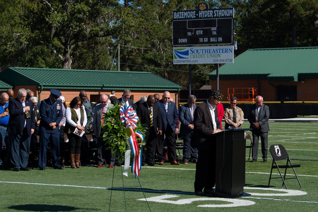 Bill McLaughlin, American Legion Post 13 chaplain, delivers the benediction at the American Legion Post 13 Veterans Day Observance Nov. 11, 2019, in Valdosta, Ga. This annual program honors veterans of the past and present for their service to the United States. (U.S. Air Force photo by 2nd Lt. Kaylin P. Hankerson)