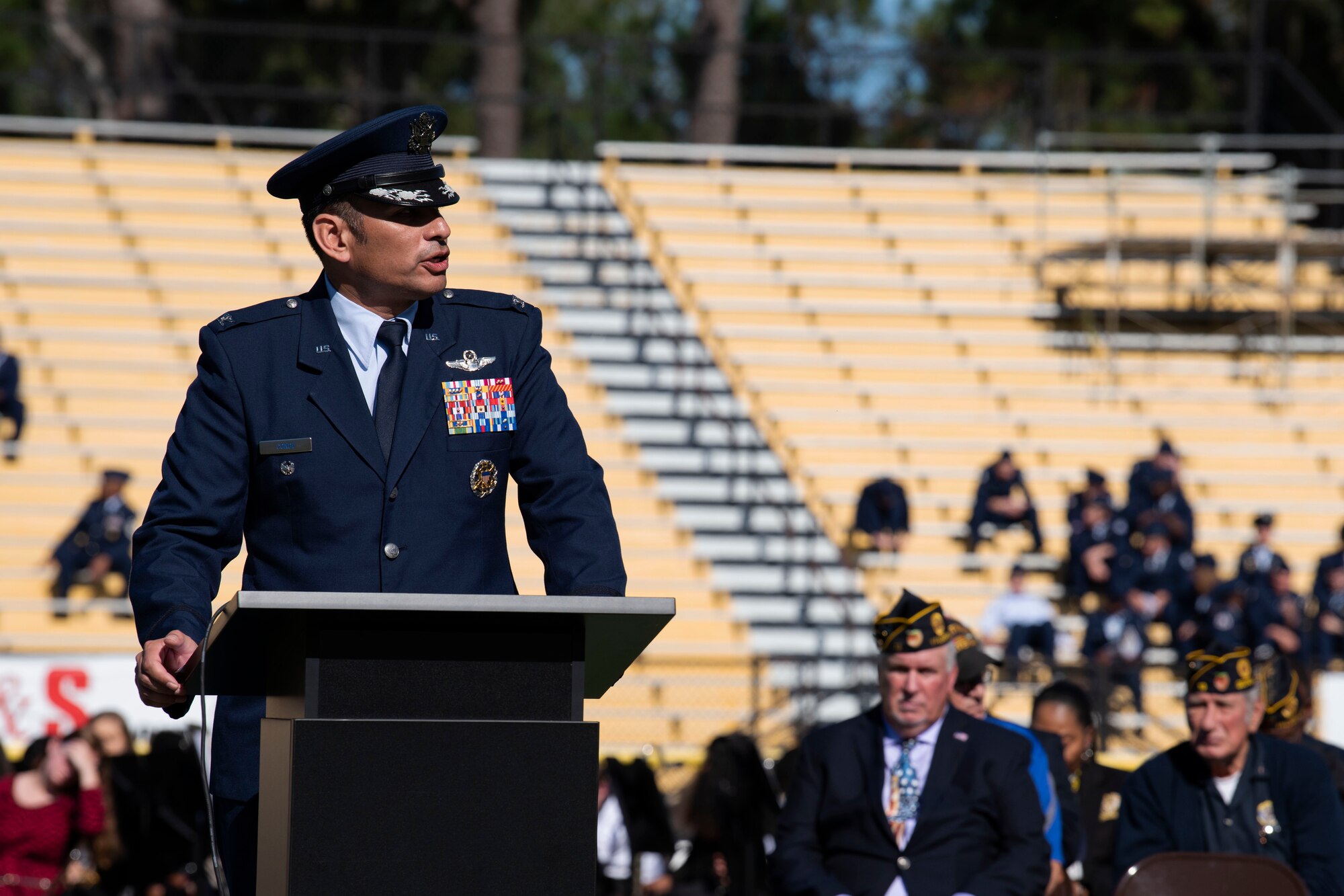 A photo of 23d Wing Vice Commander delivering keynote remarks at a Veterans Day Observance
