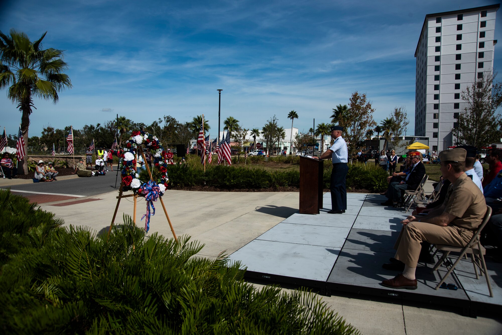Col. Brian Laidlaw, 325th Fighter Wing commander, delivers a speech at the annual Veterans Day parade celebration and wreath laying ceremony on Nov. 11, 2019, at Panama City, Florida. The annual event celebrated those who served in the past and to honor the sacrifices made by the service member, as well as their families, both at home and abroad. Laidlaw thanked many local community members who served in prior conflicts and also thanked Bay County for supporting their veterans. (U.S. Air Force photo by Staff Sgt. Magen M. Reeves)