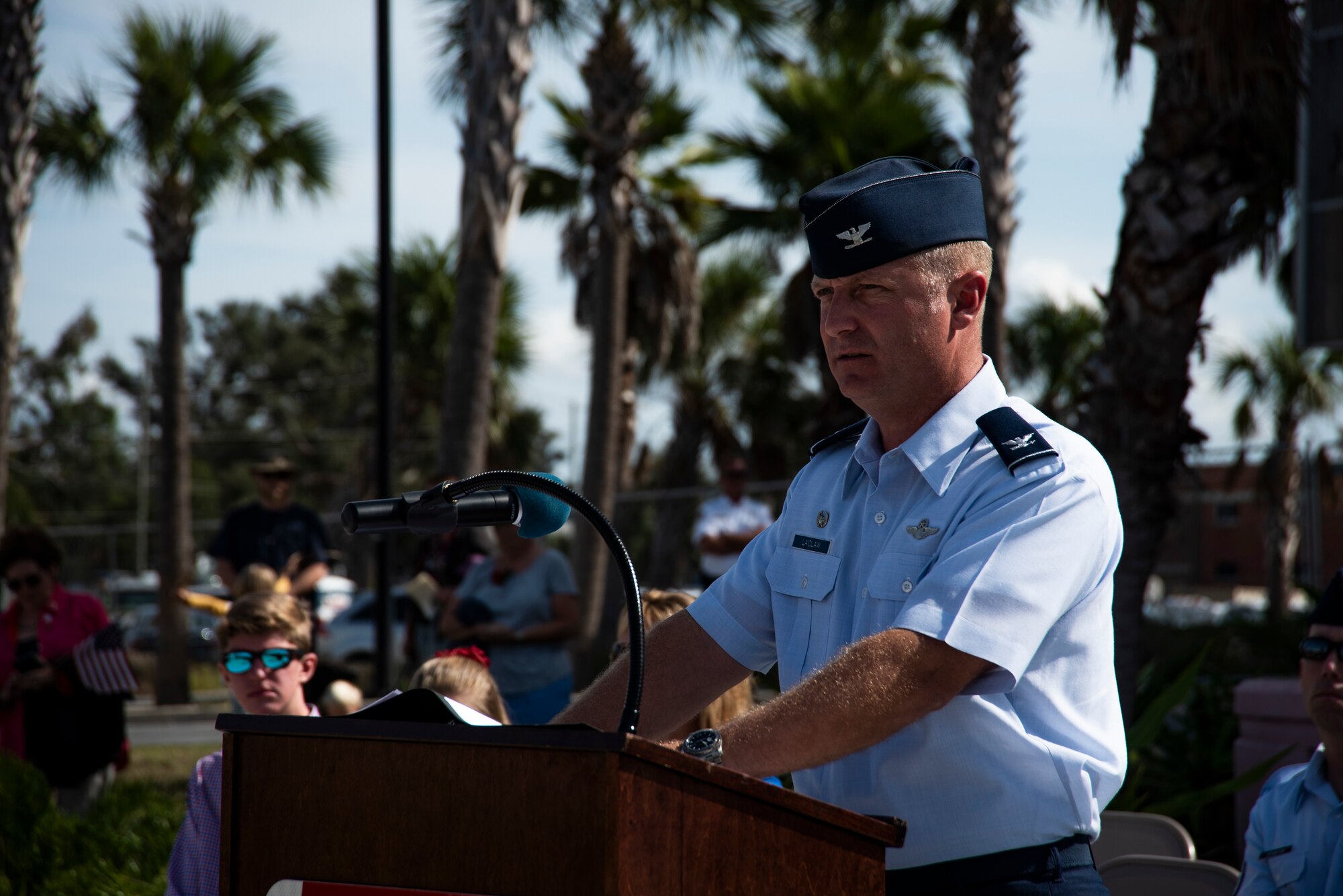 Col. Brian Laidlaw, 325th Fighter Wing commander, delivers a speech at the annual Veterans Day parade celebration and wreath laying ceremony on Nov. 11, 2019, at Panama City, Florida. The annual event celebrated those who served in the past and to honor the sacrifices made by the service member as well as their families, both at home and abroad. Laidlaw thanked many local community members who served in prior conflicts and also thanked Bay County for supporting their veterans. (U.S. Air Force photo by Staff Sgt. Magen M. Reeves)