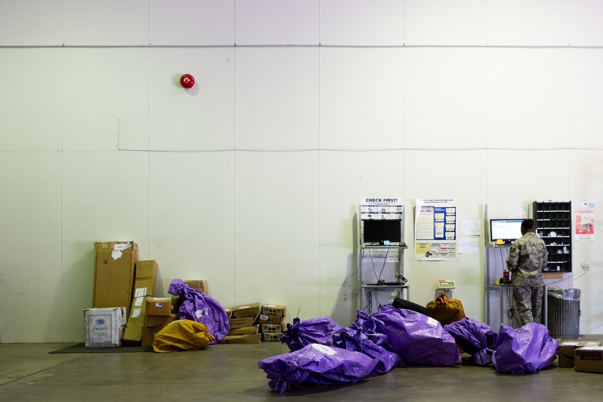 Tech. Sgt. Faneshia Walton, Pacific Air Forces Air Postal Squadron Det 4 aerial mail terminal chief, processes outgoing mail at the mail warehouse in Sydney, August 24, 2019. The detachment supports all military personnel, DoD employees and their families assigned to Australia. (U.S. Air Force photo by Master Sgt. Benjamin Wilson)