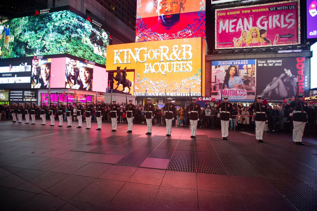 The Marine Corps Silent Drill Platoon performs in Times Square, Manhattan, New York, to celebrate the Marine Corps' 244th birthday, Nov. 10, ahead of Veterans Day. The 2019 New York City Veterans Day Parade, which marked its centennial anniversary, honored the Marine Corps as its featured service. Formed Nov. 10, 1775, as naval augment forces capable of fighting both at sea and on shore, the Marine Corps has secured freedom in every major conflict America has faced. Together, the Navy-Marine Corps Team enables the joint force to partner together and operate on behalf of national defense in this era of great power competition. Steeped in the core values of honor, courage and commitment, Marines bring moral, physical, and intellectual strength to every situation. When their time in uniform is done, Marines use those qualities to continue to serve their communities.