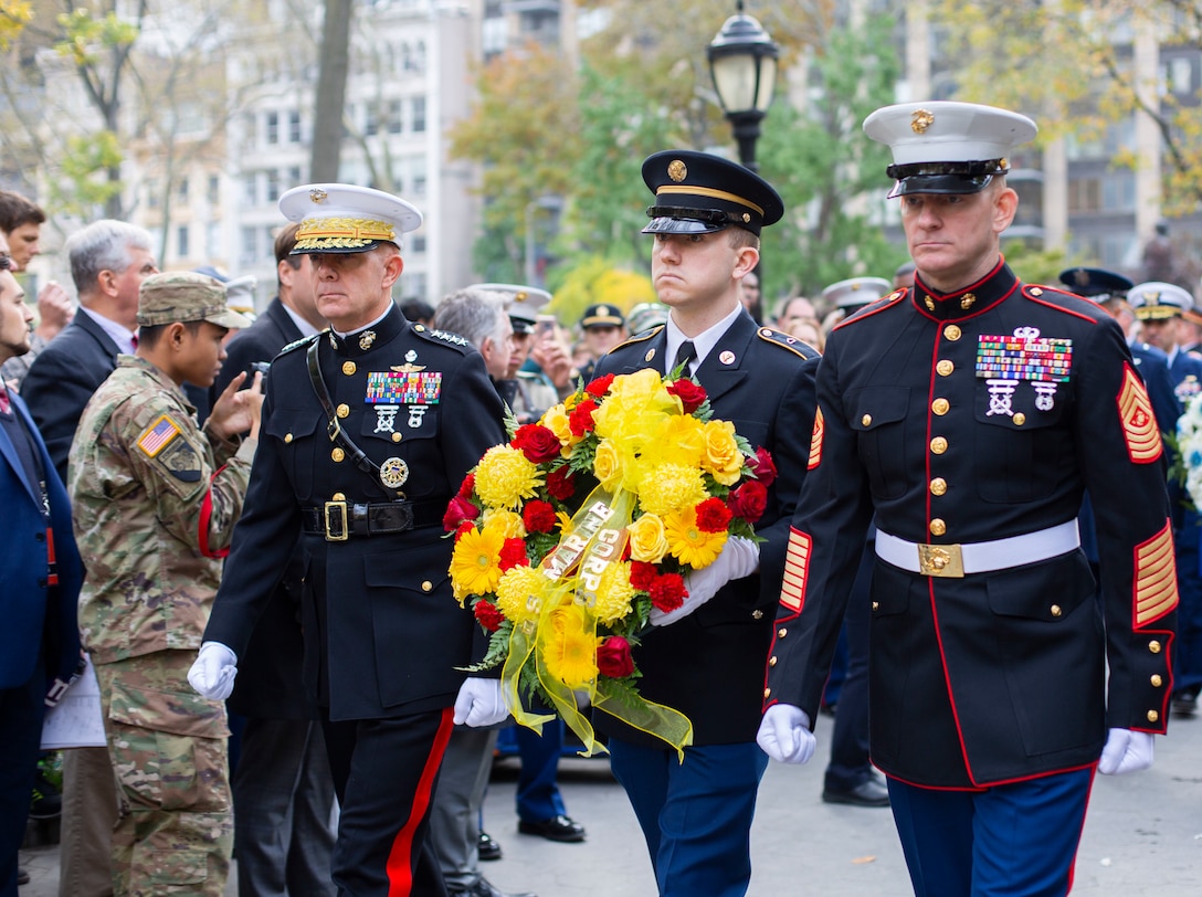 Commandant of the Marine Corps, Gen. David H. Berger, left, and Sgt. Maj. of the Marine Corps, Sgt. Maj. Troy E. Black, right, prepare to lay a wreath at the conclusion of the 2019 New York City Veterans Day Parade, which marked its centennial anniversary and honored the Marine Corps as its featured service. Formed Nov. 10, 1775, as naval augment forces capable of fighting both at sea and on shore, the Marine Corps has secured freedom in every major conflict America has faced. Together, the Navy-Marine Corps Team enables the joint force to partner together and operate on behalf of national defense in this era of great power competition. Steeped in the core values of honor, courage and commitment, Marines bring moral, physical, and intellectual strength to every situation. When their time in uniform is done, Marines use those qualities to continue to serve their communities.