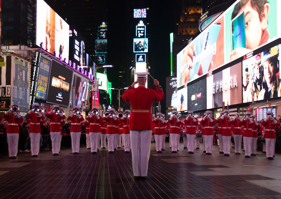 The Marine Corps Drum and Bugle Corps performs in Times Square, Manhattan, New York, to celebrate the Marine Corps' 244th birthday, Nov. 10, ahead of Veterans Day. The 2019 New York City Veterans Day Parade, which marked its centennial anniversary, honored the Marine Corps as its featured service. Formed Nov. 10, 1775, as naval augment forces capable of fighting both at sea and on shore, the Marine Corps has secured freedom in every major conflict America has faced. Together, the Navy-Marine Corps Team enables the joint force to partner together and operate on behalf of national defense in this era of great power competition. Steeped in the core values of honor, courage and commitment, Marines bring moral, physical, and intellectual strength to every situation. When their time in uniform is done, Marines use those qualities to continue to serve their communities.