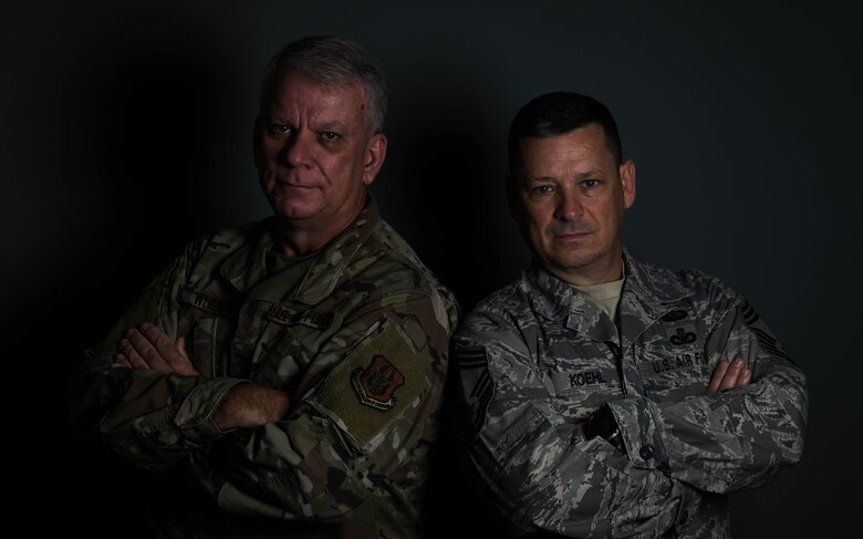Col. Don Wren, 910th Mission Support Group commander, and Chief Master Sgt. John Koehl, 910th Mission Support Group superintendent, pose for a photo on Nov. 3, 2019, at Youngstown Air Reserve Station.