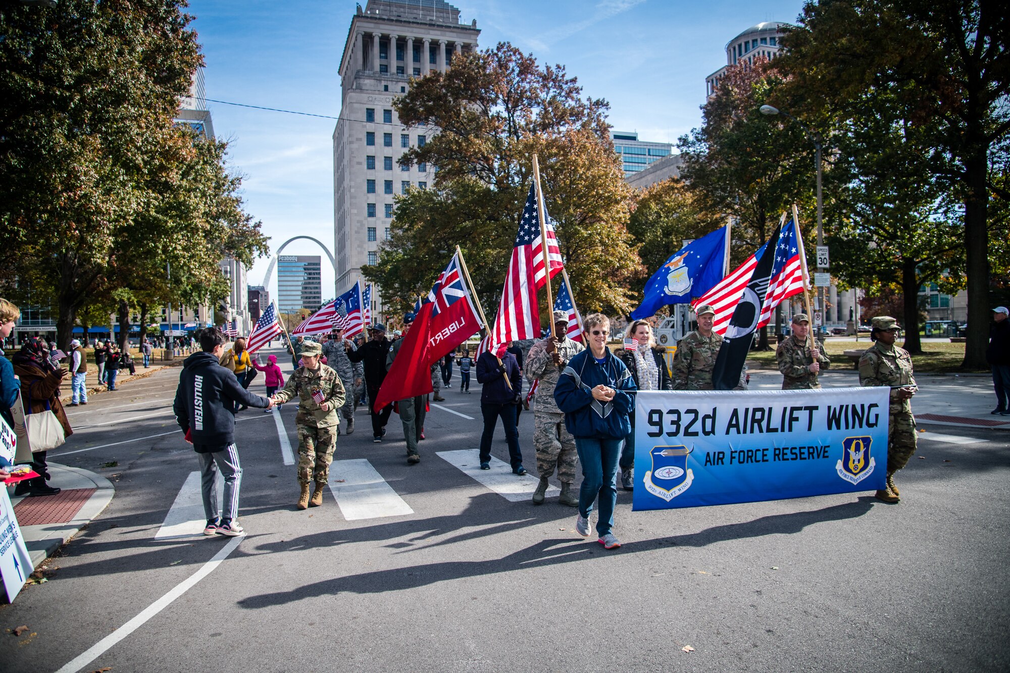 U.S Air Force Reserve Command Citizen Airmen from the 932nd Airlift Wing joined with family and friends to honor all Veterans at the St. Louis Veterans Day Parade, downtown St. Louis, Missouri, Nov. 9, 2019.(U.S. Air Force photo by Christopher Parr)