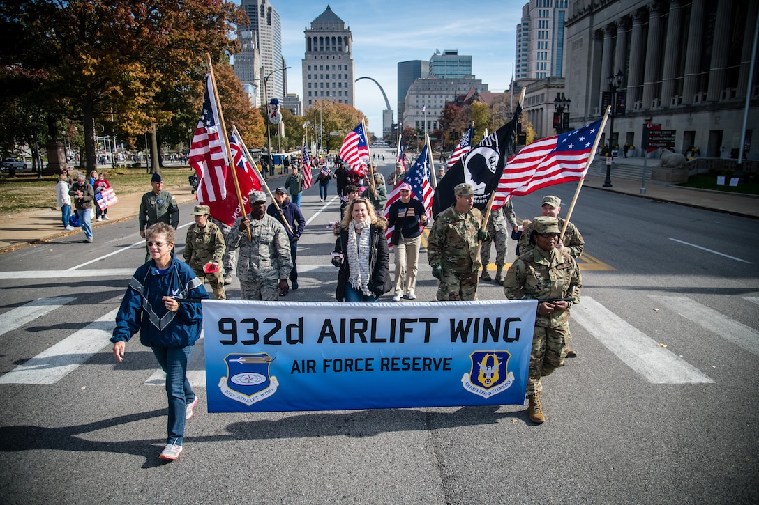 U.S Air Force Reserve Command Citizen Airmen from the 932nd Airlift Wing joined with family and friends to honor all Veterans at the St. Louis Veterans Day Parade, downtown St. Louis, Missouri, Nov. 9, 2019.(U.S. Air Force photo by Christopher Parr)